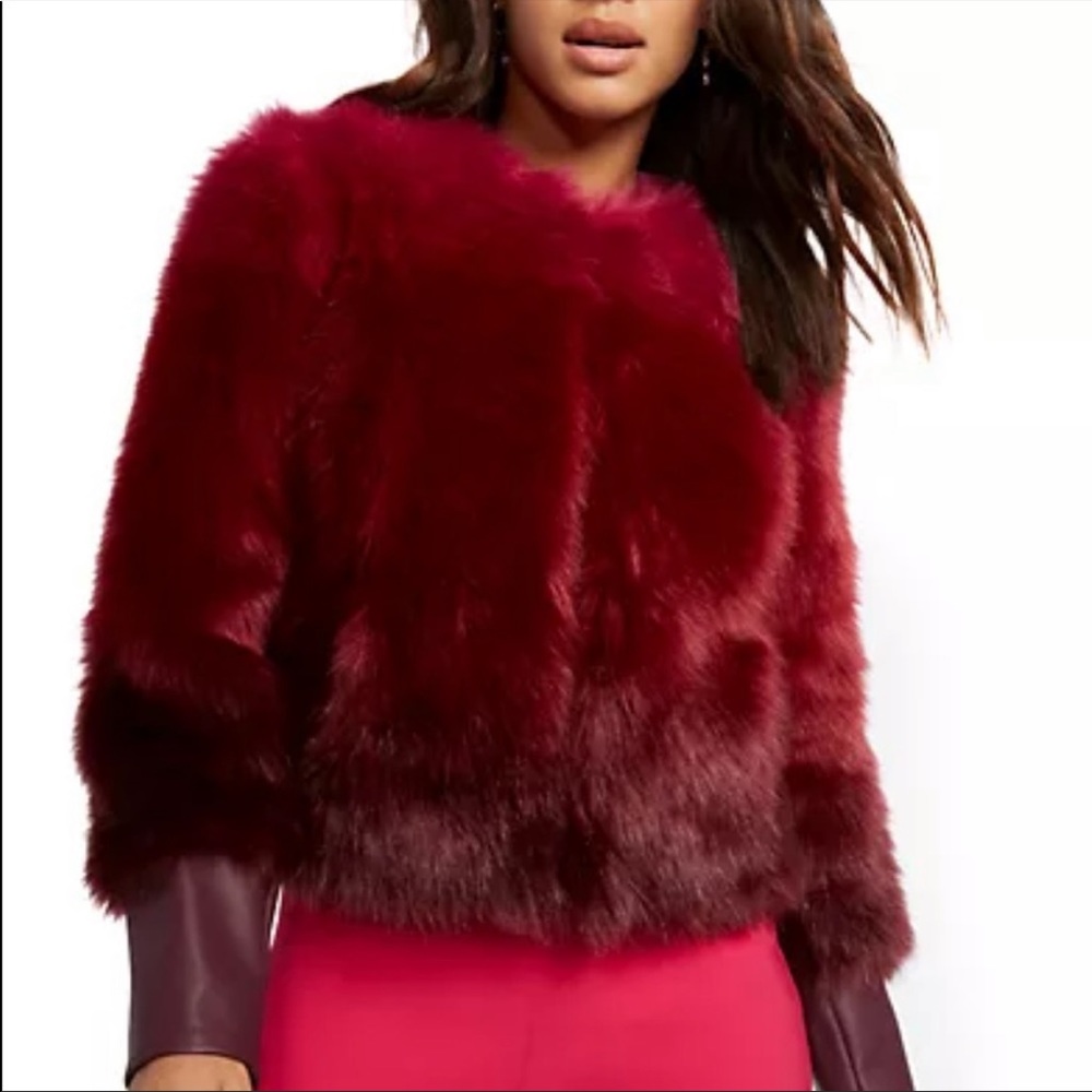 NWT NY & Company Faux Fur Crop Jacket Red/Pink Tri Color SZ L/XL Faux Leather